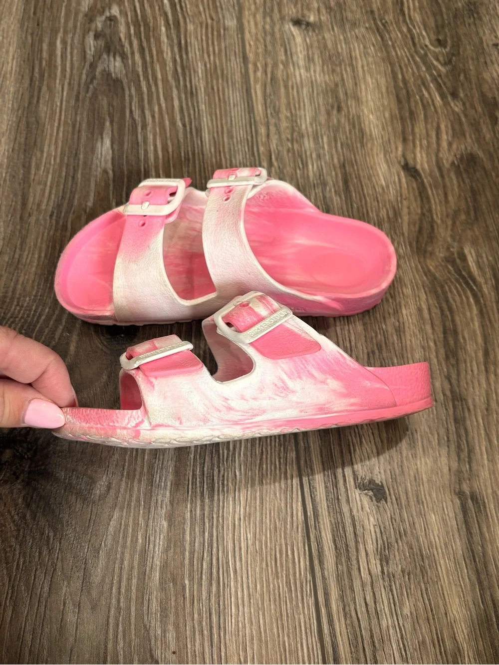 Birkenstock Kids Two-Strap Slides in Pink and White Ombre